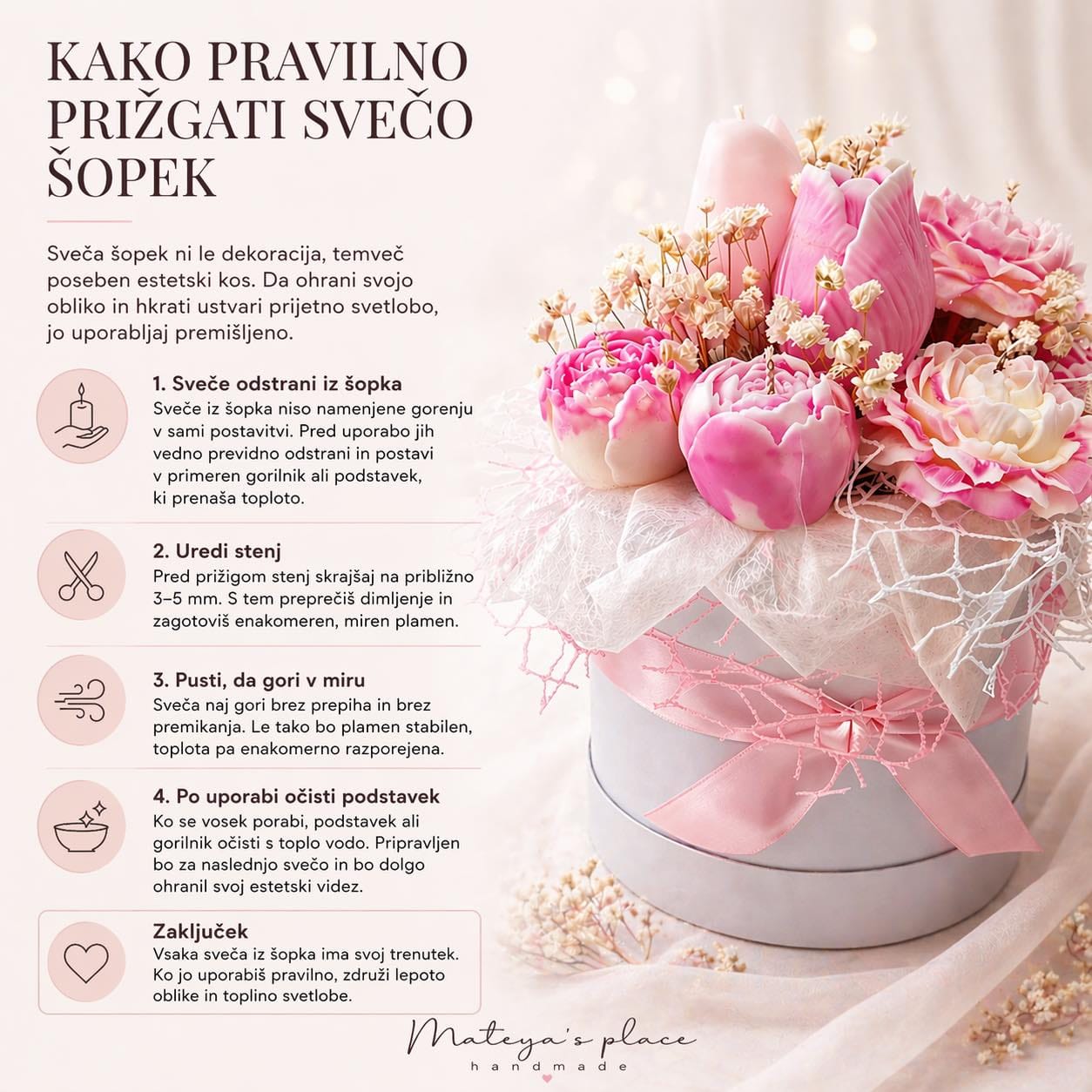 Poročni šopek iz sveč v rožnatih in kremnih odtenkih